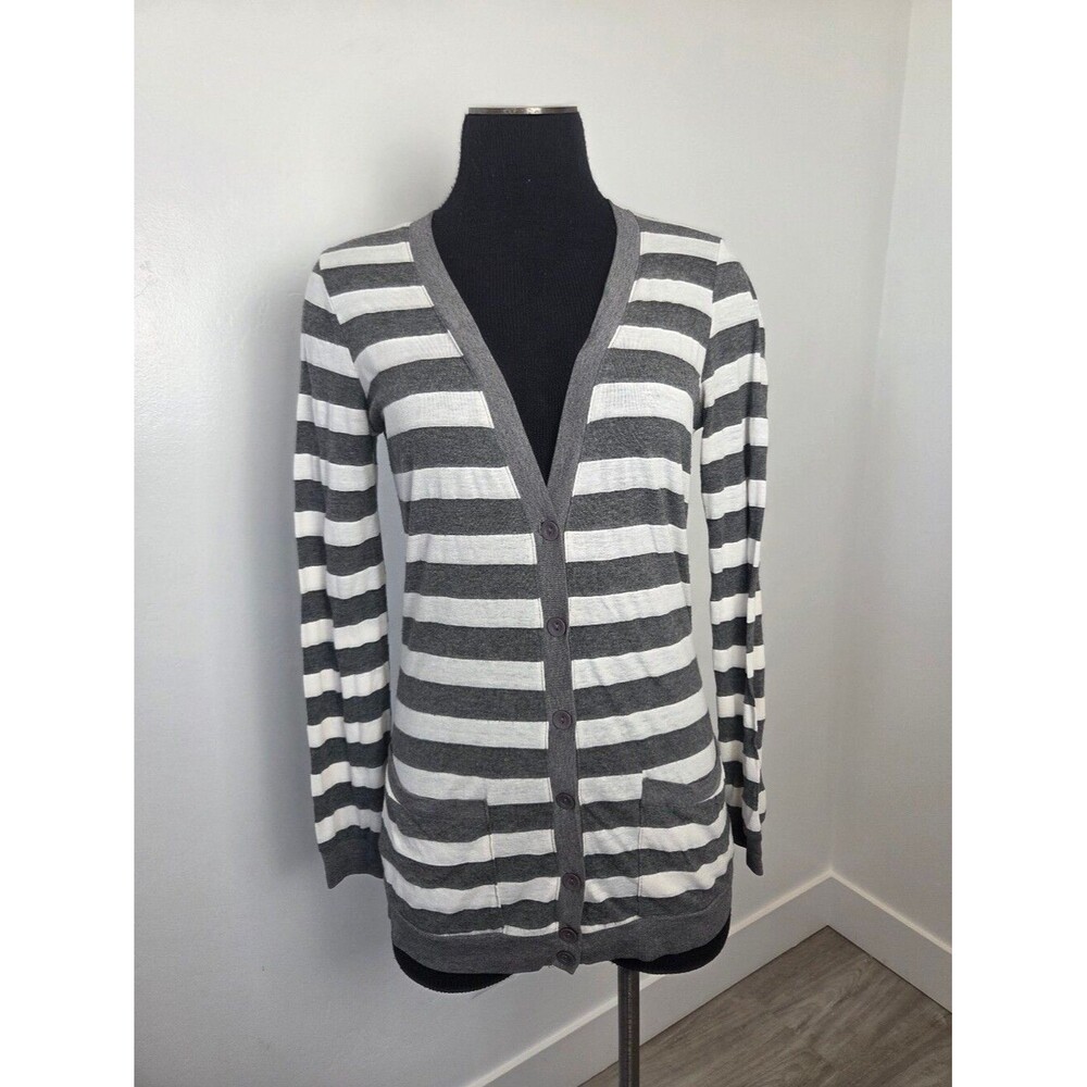 Forever 21 Gray White Striped Cardigan Sweater Lightweight Y2K 90s Twee Preppy M